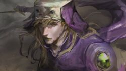  1boy beard blonde_hair cape commentary_request executioner executioner's_sword executioner_hood facial_hair green_eyes green_lips gyro_zeppeli gyro_zeppeli_(executioner) highres holding holding_sword holding_weapon jojo_no_kimyou_na_bouken korean_commentary long_hair makeup male_focus mask mask_on_head official_alternate_costume purple_cape purple_hood purple_shirt rjwkd3 shirt solo steel_ball_run sword weapon white_mask 
