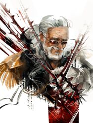  1boy aklirkiefer beard blood devil_fruit_power epaulettes facial_hair gloves hair_slicked_back highres long_hair looking_at_viewer looking_over_eyewear male_focus mustache one_piece shepherd_sommers smirk sunglasses thorns white_gloves white_hair 