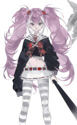  1girl baseball_bat belt bow bowtie crop_top hair_between_eyes hair_ornament heilanshuimuchu highres holding holding_baseball_bat long_hair long_sleeves looking_at_viewer midriff miniskirt multicolored_hair navel original pantyhose pink_hair pleated_skirt red_bow red_eyes sailor_collar school_uniform serafuku sidelocks simple_background skirt sleeves_past_fingers sleeves_past_wrists solo standing streaked_hair striped_clothes striped_thighhighs thigh-highs twintails very_long_hair white_background white_hair white_skirt 