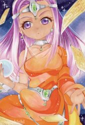  1girl alternate_eye_color asymmetrical_dress card circlet cowboy_shot crystal_ball dark-skinned_female dark_skin dragon_quest dragon_quest_iv dress earrings eyelashes forehead_jewel gem glint green_gemstone hands_up holding_orb jewelry long_dress long_hair long_sleeves looking_at_viewer metal_belt minea_(dq4) naruki neck_ring orange_dress orb parted_lips purple_hair silver_circlet single_bare_shoulder single_sleeve solo sparkle sphere_earrings tarot tarot_card traditional_media violet_eyes 