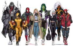  animal_print black_cat_(marvel) blonde_hair blue_eyes bodysuit breasts coat colored_skin earrings fantastic_four felicia_hardy glasses gloves green_hair green_skin hat highres in-hyuk_lee jewelry long_hair looking_at_viewer marvel marvel_rivals mask miles_morales muscular official_art peter_parker red_bodysuit scarf she-hulk silk simple_background smile spider-man spider-man_(miles_morales) spider-man_(series) spider_print spider_web storm_(x-men) sue_storm superhero_costume symbiote tongue tongue_out venom_(marvel) white_background white_hair wolverine_(x-men) x-men yoga 