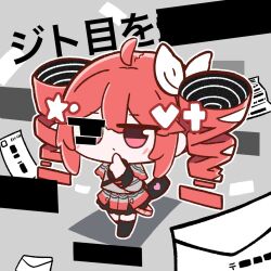 1girl ahoge arm_behind_back artist_name bar_censor belt black_belt black_boots black_sleeve_cuffs blush boots bow censored chibi double-parted_bangs drill_hair finger_to_face flying_paper full_body grey_background grey_jacket grey_skirt hair_between_eyes hair_ribbon heart highres holding holding_letter jacket japanese_postal_mark jito410 kasane_teto kasane_teto_(sv) kuronuri_sekai_ate_shokan_(utau) layered_sleeves letter long_sleeves looking_ahead one_eye_covered paper red_eyes red_hair ribbon shoulder_belt skirt skirt_set sleeve_cuffs solo star_(symbol) synthesizer_v twin_drills twintails utau white_ribbon zettai_ryouiki