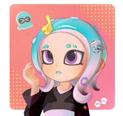  1girl animal_on_head bird bird_on_head black_shirt blue_hair blue_tongue border colored_tongue eyelashes forehead fox39367 gradient_hair hair_ornament hairclip halftone halftone_background hand_up letter_hair_ornament light_blush long_sleeves looking_at_animal medium_hair multicolored_hair octoling_girl octoling_player_character on_head open_mouth outside_border pink_hair red_background shirt solo splatoon_(series) splatoon_3 squid surprised tentacle_hair two-tone_hair two-tone_shirt upper_body upturned_eyes violet_eyes white_border white_shirt 