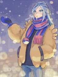  1boy artist_name blue_eyes blue_hair blue_mittens blue_pants blue_scarf brown_jacket grusha_(pokemon) hand_in_pocket highres jacket long_hair mittens outdoors pants pokemon pokemon_sv red_scarf scarf snowing solo totennko trap two-tone_scarf 