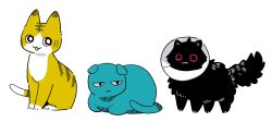  :3 animalization black_cat blue_fur cat dead_end_chocolate_(vocaloid) ichinose_chifuyu inemuri_(jdq5e) lineup looking_at_viewer ninomiya_yuuki no_humans pet_cone pink_eyes simple_background striped_fur white_background yellow_fur yotsuya_moe 