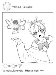  2girls alien alienposting_(meme) antennae arms_up ayase_momo bag blush bow bowtie dandadan earrings emphasis_lines english_commentary english_text hair_between_eyes highres hood hood_down hoodie instagram jewelry lineart long_sleeves loose_socks meme midriff_peek mini_person minigirl miniskirt multiple_girls open_mouth pleated_skirt short_hair shoulder_bag size_difference skirt socks sparkle star_(symbol) star_in_eye symbol_in_eye tiemoww upper_body vamola_(dandadan) white_background 