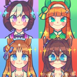  4girls animal_ears blue_eyes blue_jacket blunt_bangs blush bow braid brown_hair closed_mouth coat collarbone collared_shirt domino_mask ear_bow ear_covers ear_ornament ear_ribbon ear_scrunchie el_condor_pasa_(el_numero_1)_(umamusume) el_condor_pasa_(umamusume) eye_mask grass_wonder_(stone-piercing_blue)_(umamusume) grass_wonder_(umamusume) green_eyes hair_between_eyes hair_ornament hairband highres hime_cut horse_ears horse_girl jacket long_hair looking_at_viewer mask multicolored_hair multiple_girls orange_hair portrait purple_bow purple_ribbon red_coat red_jacket ribbon sailor_collar shirt short_hair silence_suzuka_(innocent_silence)_(umamusume) silence_suzuka_(umamusume) smile special_week_(special_dreamer)_(umamusume) special_week_(umamusume) star_(symbol) sunsunsweetie two-tone_hair umamusume violet_eyes white_hair white_hairband white_sailor_collar yellow_shirt 