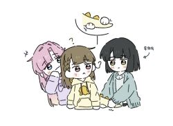  +++ 3girls :&lt; :3 ? anyoji_hime anyoji_hime_(sega_lucky_lottery_sleepwear) aqua_cardigan aqua_shirt arrow_(symbol) black_hair blonde_hair blue_eyes blunt_bangs blunt_ends blush bob_cut braid brown_hair cardigan center-flap_bangs closed_mouth commentary dinosaur_tail fake_tail frown game_controller_print gradient_hair green_eyes hasu_no_shousankaku holding_another&#039;s_tail hood hood_down hoodie kachimachi_kosuzu kachimachi_kosuzu_(sega_lucky_lottery_sleepwear) korean_text link!_like!_love_live! long_hair looking_at_another love_live! medium_hair momose_ginko momose_ginko_(sega_lucky_lottery_sleepwear) multicolored_hair multiple_girls official_alternate_costume pink_eyes pink_hair print_shirt purple_shirt shirt side_braids simple_background symbol-only_commentary tail translation_request virtual_youtuber white_background yellow_hoodie zueka27 