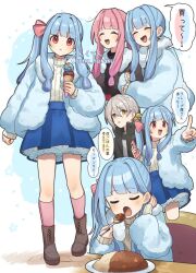  3girls :d :o :t blue_hair blue_skirt blunt_bangs blush boots brown_boots closed_eyes closed_mouth commentary_request corn_kuten curry curry_rice eating food full_body grey_hair hair_ribbon holding holding_food holding_ice_cream holding_spoon ice_cream iori_yuzuru kotonoha_akane kotonoha_aoi long_hair multiple_girls multiple_views one_side_up open_mouth outstretched_arm pink_hair pink_ribbon pink_socks plate pointing red_eyes ribbed_sweater ribbon rice short_hair siblings sisters skirt smile socks speech_bubble spoon standing sweater translation_request voiceroid white_sweater 