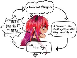  1girl absurdres blue_eyes blush damadicius1 english_text guyrys highres hololive hololive_english horns irys_(hololive) long_hair multicolored_hair open_mouth pointy_ears profile purple_hair red_hair streaked_hair sweat virtual_youtuber 