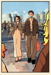  2girls 6+boys agatsuma_zenitsu black_hair black_jacket black_shoes black_shorts blonde_hair blue_pants blue_shirt boar_mask border brother_and_sister brown_hair building cardigan cityscape closed_mouth contemporary couple dress full_body green_shirt grey_cardigan grey_pants grey_shoes hakuji_(kimetsu_no_yaiba) hashibira_inosuke hetero highres holding holding_hands holding_sack jacket kamado_nezuko kamado_tanjirou kimetsu_no_yaiba koyuki_(kimetsu_no_yaiba) long_dress multicolored_hair multiple_boys multiple_girls open_mouth orange_hair pants parted_bangs pink_shirt pointing rengoku_kyoujurou rengoku_senjurou sack shirt shoes short_hair shorts siblings skyscraper smile takeuchi_ryousuke two-tone_hair white_border white_dress white_shirt yellow_shirt 