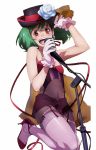  bare_shoulders blush fang garter_belt gloves green_hair hat high_heels highres macross macross_frontier microphone microphone_stand midriff ranka_lee red_eyes ribbon see-through shoes short_hair thigh-highs thighhighs tsukahara_hajime 