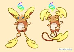 alolan_raichu closed_eyes closed_mouth commentary_request full_body mega_evolution_symbol mega_pokemon_(other) mega_raichu_x mega_raichu_y multiple_tails no_humans pokemon pokemon_(creature) pokemon_focus pokemon_legends:_z-a raichu simple_background smile snowiecomics tail