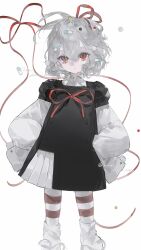  1girl black_dress dress frills grey_hair hair_between_eyes hair_ornament hair_ribbon hand_on_own_hip heilanshuimuchu highres long_sleeves looking_at_viewer neck_ribbon original pantyhose pill puffy_long_sleeves puffy_sleeves red_eyes red_ribbon ribbon short_hair simple_background sleeves_past_fingers sleeves_past_wrists solo standing striped_clothes striped_thighhighs thigh-highs white_background 