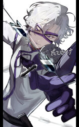  1boy absurdres eye_mask glint gloves hair_between_eyes highres looking_at_viewer male_focus pillarboxed purple_gloves purple_mask sengoku_basara short_hair simple_background solo tacorice_umeee takenaka_hanbee_(sengoku_basara) upper_body v-shaped_eyebrows violet_eyes weapon whip_sword white_background white_hair 