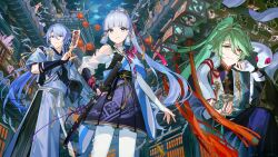  1girl 2boys absurdres alternate_costume alternate_hair_length alternate_hairstyle animalization annotated arataki_itto architecture asymmetrical_gloves bag baizhu_(genshin_impact) bandaged_hand bandages bead_bracelet beads bell between_fingers black_gloves black_hakama black_sash blue_eyes blue_hair blue_kimono blue_ribbon blunt_bangs blunt_tresses bow bracelet cat changsheng_(genshin_impact) chinese_hairpin chinese_knot closed_mouth clothing_cutout clouds commentary_request east_asian_architecture elbow_gloves eyewear_strap fingerless_gloves flower_knot full_moon genshin_impact glasses glint gloves gorou_(genshin_impact) green_hair grey_eyes hadanugi_dousa hair_between_eyes hair_bow hair_ornament hair_ribbon hair_stick hair_tubes hakama hand_up harness high_ponytail highres holding holding_bag holding_sword holding_weapon hoyofair japanese_clothes jewelry kaedehara_kazuha kamisato_ayaka kamisato_ayato kariginu katana kimono kirara_(genshin_impact) kujou_sara kuki_shinobu lantern long_hair long_sleeves looking_ahead looking_at_viewer mismatched_gloves mole mole_under_eye mole_under_mouth moon multiple_boys necklace nekomata night o-ring o-ring_harness ofuda ofuda_between_fingers outdoors pantyhose pantyhose_cutout paper_lantern parted_bangs pleated_skirt ponytail print_skirt puffy_long_sleeves puffy_sleeves purple_skirt raiden_shogun ribbon sangonomiya_kokomi sash sayu_(genshin_impact) semi-rimless_eyewear serious sheath sheathed shide shikanoin_heizou shirt shoulder_cutout single_bare_shoulder single_elbow_glove sitting skirt smile snake snake_on_shoulder standing sword talisman tassel teru2307 thoma_(genshin_impact) tress_ribbon weapon white_bow white_gloves white_pantyhose white_sash white_shirt white_snake wide_sleeves yae_miko yellow-framed_eyewear yellow_eyes yellow_ribbon yoimiya_(genshin_impact) yumemizuki_mizuki 