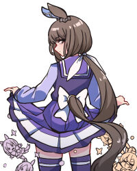  3girls admire_vega_(umamusume) animal_ears back_bow bakemonogatari bow brown_hair chibi closed_mouth clothes_lift cowboy_shot dot_mouth ear_covers expressionless from_behind hair_bow half-closed_eyes horse_ears horse_girl horse_tail horseshoe_ornament impossible_storage kawamochi_(tddm3573) lifting_own_clothes long_hair long_sleeves looking_at_viewer looking_back low_ponytail monogatari_(series) multiple_girls narita_top_road_(umamusume) parody pinky_out pleated_skirt ponytail profile purple_serafuku purple_skirt purple_thighhighs school_uniform senjougahara_hitagi_skirt_lift_pose serafuku single_ear_cover skirt skirt_hold solo_focus t.m._opera_o_(umamusume) tail thigh-highs tracen_school_uniform umamusume umamusume:_road_to_the_top white_background white_bow winter_uniform zettai_ryouiki 