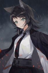  1girl animal_ear_fluff animal_ears bang_dream! bang_dream!_it&#039;s_mygo!!!!! belt black_belt black_gloves black_hair black_jacket black_necktie black_pants blue_eyes clouds cloudy_sky collared_shirt commentary_request cowboy_shot gloves grey_background highres jacket jacket_on_shoulders kemonomimi_mode looking_at_viewer medium_hair necktie outdoors pants parted_lips qi_cun rain shirt sky solo white_shirt wolf_ears wolf_girl yahata_umiri yahata_umiri_(moonlight_executioner) 