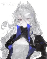  1girl black_jacket character_name drill_hair drill_sidelocks eyes_visible_through_hair hair_between_eyes heilanshuimuchu high_collar highres jacket juliet_sleeves long_hair long_sleeves looking_at_viewer original parted_lips puffy_sleeves red_eyes sidelocks simple_background solo upper_body white_background white_hair 