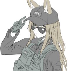  1girl animal_ears arknights arm_at_side arm_pouch baseball_cap black-framed_eyewear black_hat black_shirt brown_eyes brown_hair bulletproof_vest closed_mouth collared_shirt commentary crooked_eyewear fox_ears fox_girl franka_(arknights) from_side gloves green_gloves half_updo hand_up hat highres kyoro_(kyoroillust) limited_palette long_sleeves looking_at_viewer one_side_up ponytail shirt sideways_glance simple_background smile solo sunglasses upper_body white_background 
