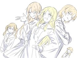  5girls ^_^ bang_dream! blonde_hair blush closed_eyes closed_mouth color_connection commentary crossed_arms dress hair_color_connection hanasakigawa_school_uniform hands_on_own_hips highres ichigaya_arisa kanade_(kanade_3344) kirigaya_toko long_hair long_sleeves multiple_girls one_eye_closed open_mouth pleated_dress pleated_skirt sailor_collar sato_masuki school_uniform shirasagi_chisato short_hair simple_background skirt tsukinomori_school_uniform tsurumaki_kokoro white_background 