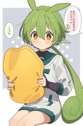  1girl animal_ears blush border bow bowtie bright_pupils closed_mouth commentary_request corn_kuten feet_out_of_frame green_bow green_bowtie green_hair green_sailor_collar grey_background hair_between_eyes holding holding_pillow long_hair long_sleeves outside_border pillow sailor_collar shirt sitting solo speech_bubble translation_request voicevox white_border white_pupils white_shirt yellow_eyes zundamon 
