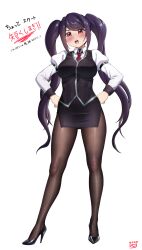  1girl absurdres black_pantyhose black_shoes blush breasts commentary_request finalcake full_body hands_on_own_hips high_heels highres jill_stingray large_breasts necktie pantyhose pencil_skirt puffy_sleeves purple_hair purple_skirt red_eyes red_necktie shirt shoes simple_background skirt solo translation_request twintails va-11_hall-a vest white_background white_shirt 