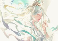  1girl abstract_background absurdres chinese_commentary collarbone colored_eyelashes commentary dress du_ruo_(path_to_nowhere) earrings eyeshadow facial_hair facial_mark forehead forehead_jewel forehead_mark from_side green_eyes green_hair green_shawl guanyin hair_ornament hairpin half-closed_eyes headpiece highres jade_bracelet jewelry lips lotus_hair_ornament makeup mudra multiple_hairpins parted_bangs parted_lips path_to_nowhere pearl_hair_ornament qingci red_eyeshadow see-through_clothes see-through_veil shawl solo upper_body variant_set veil white_dress white_eyelashes 