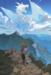  1girl brown_hair clouds commentary demizu_posuka dragon gem highres mountain original ponytail purple_gemstone tail twitter_username wings 