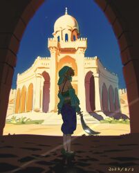  1boy aqua_scarf aqua_sleeves bare_shoulders blonde_hair blue_pants crop_top crossdressing crossdressing_(mtf) dated desert detached_sleeves full_body gerudo_set_(zelda) gold_trim harem_outfit harem_pants headscarf highres holding holding_sword holding_weapon link male_focus midriff mouth_veil palace pants pointy_ears sand scarf scimitar sidelocks socks solo sword the_legend_of_zelda the_legend_of_zelda:_breath_of_the_wild tkdnlerkdtpfsut veil weapon white_socks 