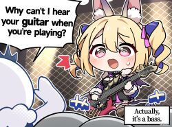  +++ 1girl 1other @_@ ^^^ animal_ears bass_guitar bat_ears bat_girl bat_tail bat_wings black_crown black_dress black_thighhighs blonde_hair blush cape caramel_(stella_sora) chibi chibi_only commentary crown double-parted_bangs dress drill_hair english_commentary english_text fur-trimmed_cape fur_trim hair_ribbon highres instrument medium_hair mini_crown music official_art open_mouth pink_eyes pink_ribbon playing_bass_guitar playing_instrument raised_inner_eyebrows ribbon sidelocks stella_sora sweatdrop thigh-highs twin_drills tyrant_(stella_sora) wings 