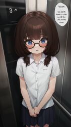  1girl absurdres alternate_language bare_arms black-framed_eyewear blue_eyes blue_skirt blush brown_hair collarbone collared_shirt comodox cowboy_shot dress_shirt elevator english_text glasses highres indoors large_variant_set long_hair looking_at_viewer low_twintails miniskirt open_mouth original pleated_skirt school_uniform sheryn_(comodox) shirt short_sleeves skirt solo speech_bubble twintails variant_set white_shirt 
