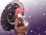  bow breath brown_eyes hair_bow hands japanese_clothes kimono kohaku oriental_umbrella red_hair short_hair snow tsukihime umbrella 