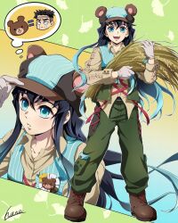  1boy animal_ears animal_hat aqua_eyes aqua_hair bear_ears bear_hat black_hair boots brown_shirt brown_shoes gloves gradient_hair green_pants hana_ni_nare hat highres himejima_gyoumei holding kimetsu_no_yaiba long_hair long_sleeves looking_at_viewer male_focus multicolored_hair multicolored_hat multicolored_vest multiple_views open_mouth pants shirt shoes simple_background smile tokitou_muichirou two-tone_hair white_gloves 