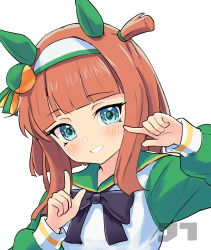  1girl absurdres aged_down animal_ears black_bow black_bowtie blunt_bangs bow bowtie commentary_request ear_covers english_commentary green_eyes green_jacket grin hairband highres horse_ears horse_girl jacket jtleeklm long_sleeves looking_at_viewer mixed-language_commentary orange_hair short_hair_with_long_locks silence_suzuka_(umamusume) smile solo umamusume upper_body white_hairband 