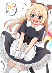  1girl animal_ear_fluff animal_ears apron black_dress black_hairband blonde_hair blue_eyes blush cat_tail comiching dress fake_animal_ears fake_tail frilled_apron frilled_dress frills gloves hairband highres jervis_(halloween)_(kancolle) kantai_collection long_hair nose_blush official_alternate_costume solo tail thigh-highs very_long_hair waist_apron white_apron white_gloves white_thighhighs 