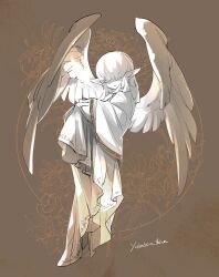  1boy brown_background closed_eyes feathered_wings final_fantasy final_fantasy_xiv full_body highres medium_hair pointy_ears robe solo white_robe wide_sleeves wings yabuka_shiwa 