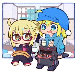 2girls :d ahoge artoria_pendragon_(fate) barefoot black_choker black_pajamas black_pants black_shirt black_shorts black_socks blonde_hair blue_eyes blue_hat blue_hoodie blush brown_eyes chibi choker closed_mouth collared_shirt commentary_request cup drawstring drink drinking_glass fate/grand_order fate_(series) food food_request hair_between_eyes hair_bun hair_through_headwear handheld_game_console hat holding holding_cup holding_handheld_game_console holographic_interface hood hood_down hoodie kasuga_yuuki kneehighs kneeling multiple_girls mysterious_heroine_x_(fate) mysterious_heroine_x_alter_(fate) nightcap no_shoes pajamas pants pillow purple-framed_eyewear semi-rimless_eyewear shirt shorts smile socks steam under-rim_eyewear 