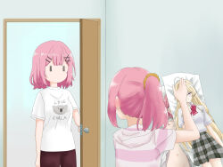  2girls amaori_haruna amaori_renako animal_print blonde_hair blush bow bowtie breasts c2615 cat_print character_print dakimakura_(object) door doorway english_text hair_ornament hairclip holding holding_pillow hood hoodie implied_yuri long_hair loungewear medium_hair multiple_girls navel no_mouth open_clothes open_door opening_door ouzuka_mai pajamas pants pillow pink_hair pink_hoodie plaid_clothes plaid_skirt ponytail red_bow red_bowtie school_uniform scrunchie shirt short_hair short_sleeves siblings skirt striped_clothes striped_hoodie walk-in watashi_ga_koibito_ni_nareru_wake_naijan_murimuri! white_shirt x_hair_ornament |_| 