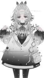  1girl bandaid bandaid_on_hand bow bowtie cowboy_shot dress grey_eyes grey_hair hair_ornament heilanshuimuchu highres long_hair long_sleeves looking_at_viewer monochrome original parted_bangs parted_lips simple_background sleeves_past_wrists solo star_(symbol) white_background 