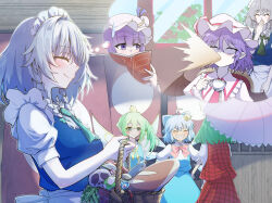  6+girls absurdres apron ascot basket blank_eyes blue_bow blue_dress blue_vest blush book bow bowtie braid bread building cirno closed_eyes collared_shirt commentary_request covering_own_mouth crescent crescent_hat_ornament cup curtains daiyousei dead_animal disembodied_eye dress eyeball fairy fairy_wings fish foliage food frilled_shirt_collar frills green_ascot green_bow green_hair grey_hair grin hair_bow hair_ribbon hand_over_own_mouth hat hat_ornament hat_ribbon highres holding holding_basket holding_book holding_cup holding_umbrella image_in_thought_bubble izayoi_sakuya kazami_yuuka long_hair maid_apron maid_headdress medium_hair mob_cap multiple_girls neckerchief open_book open_mouth outdoors parasol patchouli_knowledge pink_hat pink_shirt plant pointy_ears poison puffy_short_sleeves puffy_sleeves purple_hair purple_nails red_bow red_bowtie red_ribbon red_skirt red_vest remilia_scarlet ribbon shirt short_hair short_sleeves side_ponytail sideways_glance skirt skull smile spit_take spitting super_mushroom sweatdrop tea teacup tenx2_1341 touhou twin_braids umbrella vest violet_eyes white_shirt wings yellow_neckerchief yellow_ribbon 