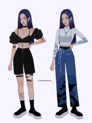  1girl aegyo_sal asian baggy_shorts belt black_belt black_boots black_choker black_eyes black_shirt black_shorts black_sleeves blue_eyes blue_hair blue_shirt blunt_ends boots choker crop_top detached_sleeves earrings eyelashes full_body hair_ornament hairclip hand_on_own_hip heterochromia high-waist_pants high-waist_shorts highres jewelry kanagawa_okinami_ura leg_tattoo long_hair looking_at_viewer multiple_views necklace original pants parted_bangs platform_boots puffy_detached_sleeves puffy_sleeves see-through_clothes see-through_shirt shirt shirt_under_shirt shorts snake_tattoo socks spaghetti_strap standing straight_hair tattoo thick_eyebrows thick_lips thigh_strap turtleneck umi_(zeebythesea) white_socks zeebythesea 