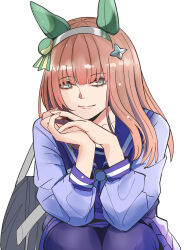  1girl absurdres animal_ears bag bow brown_hair closed_mouth feet_out_of_frame frilled_skirt frills grey_eyes hairband highres horse_ears kawamochi_(tddm3573) long_hair long_sleeves looking_at_viewer pantyhose pleated_skirt puffy_long_sleeves puffy_sleeves purple_pantyhose purple_shirt purple_skirt school_bag school_uniform shirt silence_suzuka_(umamusume) simple_background skirt solo squatting tracen_school_uniform umamusume white_background white_bow white_hairband 