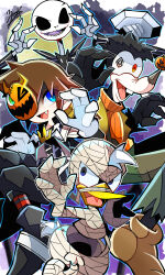  4boys absurdres donald_duck goofy highres jack_skellington jacket kingdom_hearts long_sleeves looking_at_viewer male_focus multiple_boys open_mouth pinstripe_pattern pinstripe_suit short_hair skeleton smile sora_(kingdom_hearts) stitches striped_clothes suit the_nightmare_before_christmas yuyu_maybe 