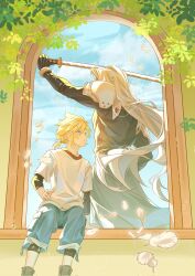  2boys arm_up armor black_coat blonde_hair blue_eyes blue_pants boots cloud_strife clouds coat commentary crew_neck english_commentary final_fantasy final_fantasy_vii highres holding holding_sword holding_weapon katana layered_clothes layered_sleeves leaf long_hair long_sleeves looking_at_another male_focus masamune_(ff7) multiple_boys npicy pants parted_lips pauldrons plant sephiroth shirt short_over_long_sleeves short_sleeves shoulder_armor sitting sky standing sword very_long_hair weapon white_hair white_shirt windowsill 