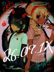  1girl 1other absurdres alternate_costume animal_ear_piercing animal_ears apple_earrings apple_hair_ornament artist_name black_gloves black_hair black_skirt braid brown_eyes candy_cane_earrings character_signature colored_skin commentary deer_ears deltarune drawn_halo drawn_horns ear_piercing earrings english_commentary fingerless_gloves food-themed_earrings food-themed_hair_ornament frilled_skirt frills furry furry_female gloves hair_ornament hair_over_one_eye hair_over_shoulder hairband hairclip halo highres holly_hair_ornament jewelry kris_(deltarune) long_hair noelle_holiday piercing pink_shirt red_hairband red_nails shadow shirt short_hair signature skirt snowflake_hair_ornament spotlight ssyyk1sk utdr_(toby_fox) v white_shirt yellow_skin 