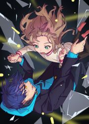  1boy 1girl asanaka_yomogi bad_id bad_pixiv_id black_background black_jacket blood blood_splatter blue_hair blue_hoodie broken_glass brown_hair brown_shirt falling forehead glass green_eyes gridman_universe hair_ornament hairclip highres holding_hands hood hoodie jacket long_hair long_sleeves looking_at_another looking_down looking_up minami_yume open_mouth oreki_(o_reki_) pants parallel_hairclips red_socks scrape shirt short_hair socks ssss.dynazenon yellow_eyes 