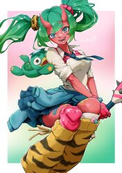  1girl :d animal_print aqua_eyes bandaid bandaid_on_face bandaid_on_nose clothes_around_waist club_(weapon) collared_shirt colored_skin commentary english_commentary fangs feet_out_of_frame fingerless_gloves fortnite gloves green_hair hair_ornament hairpin highres holding holding_club holding_weapon horns invisible_chair jacket jacket_around_waist leg_warmers looking_at_viewer nekoramen222 nemia_(fortnite) oni pink_gloves pleated_skirt red_skin shirt short_twintails sitting skin-covered_horns skirt smile solo spiked_club tiger_print twintails weapon white_shirt 