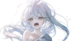  1girl blue_eyes blue_pajamas blue_shirt collarbone commission crying earrings english_commentary floating_hair hand_on_own_chest hand_up highres indie_utaite jewelry long_hair looking_at_viewer open_clothes open_mouth pajamas ponytail screaming shirt shirt_slip simple_background single_bare_shoulder solo sorokcloud star_(symbol) star_earrings teardrop tears teeth upper_body white_background white_hair yoharu 