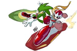 2boys artist_name beak bird_boy closed_mouth commentary english_commentary furry furry_male gloves goggles helmet highres hoverboard jet_the_hawk male_focus mega_man_(classic) mega_man_(series) multiple_boys proto_man red_helmet scarf signature simple_background smile sonic_(series) sonic_racing:_crossworlds sonic_riders terusada1 type-j_(sonic_riders) white_background white_gloves yellow_scarf